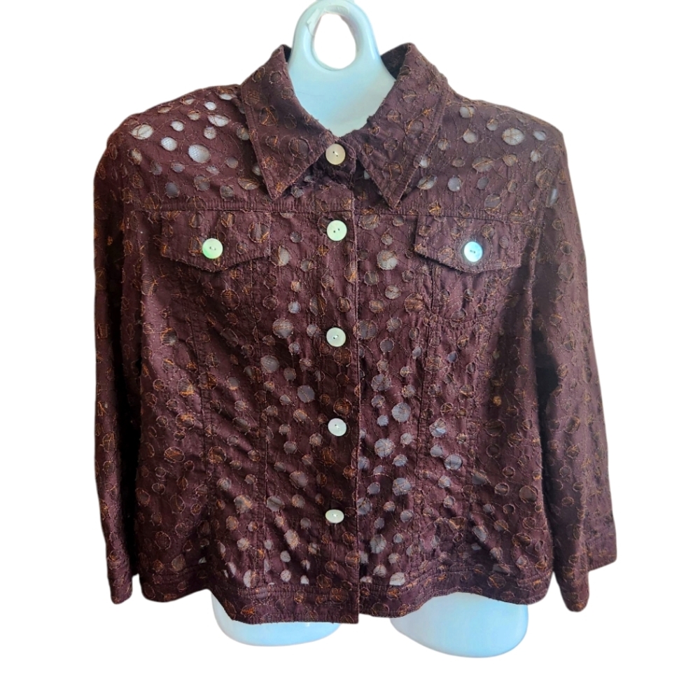 Boho Lace Trucker Jacket-Eyelet, Mesh & Stitch Open Detail-Brown-Chest Pockets L